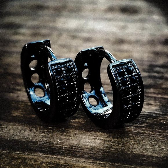 primobling Other - Black Iced Out Hoop Huggie 2 Row Earrings